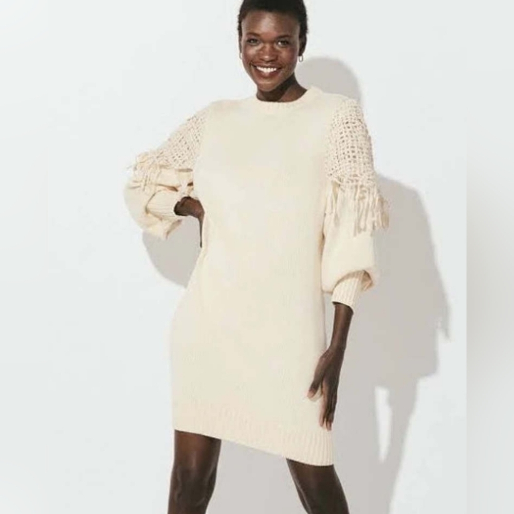 CLEOBELLA Dress Daniella Macrame Sweater Cream Ivory Long Sleeve Mini Medium NWT